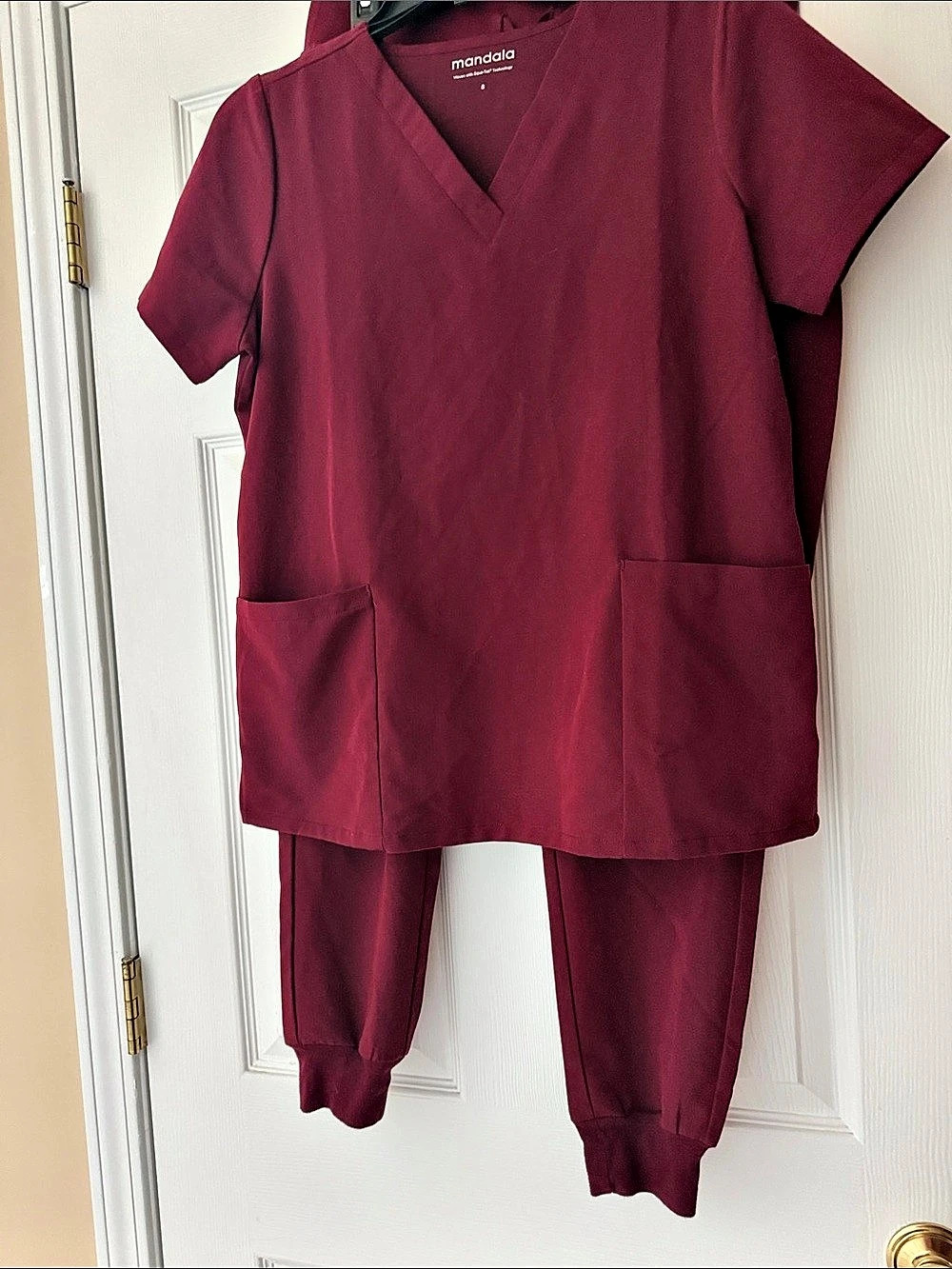 Mandala Scrub Set V-Neck Top and Jogger Pants Burgundy - SMALL top and MEDIUM pa